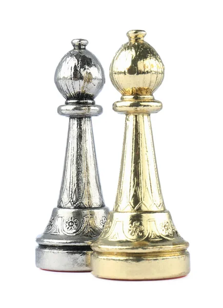Silber Und Gold Bischöfe Auf Weißem Hintergrund Schachfiguren — Stockfoto