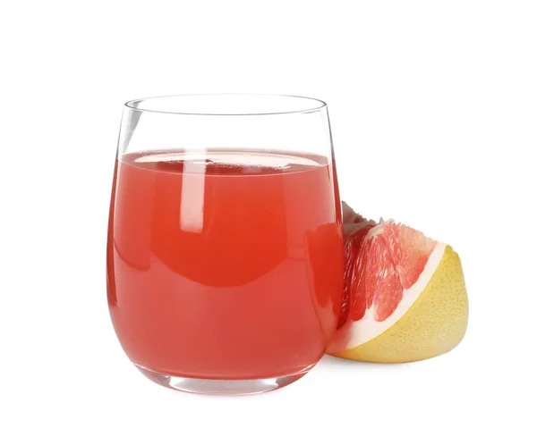 Glas Rosa Pomelo Saft Und Früchte Isoliert Auf Weiß — Stockfoto