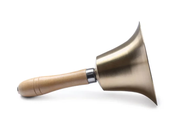 Golden School Bell Wooden Handle Isolated White — Stock Photo, Image