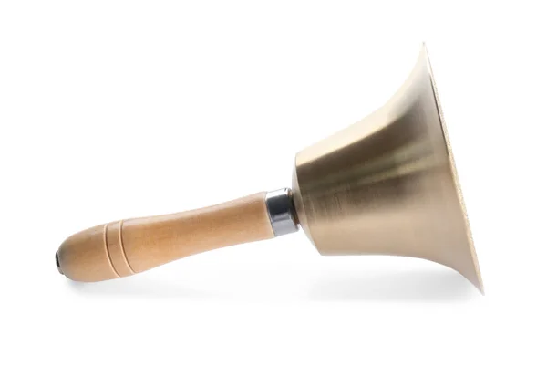 Golden School Bell Wooden Handle Isolated White — Stock Photo, Image