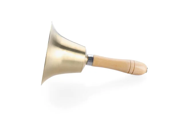 Golden School Bell Wooden Handle Isolated White — Stock Photo, Image