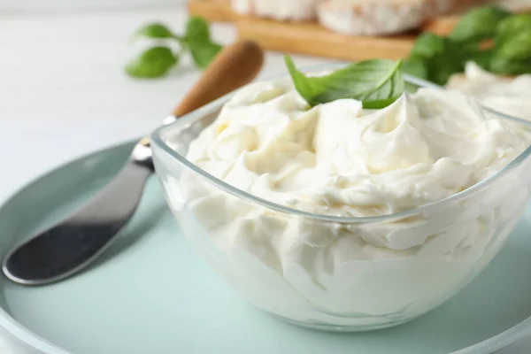 Tasty Cream Cheese Basil Knife White Table Closeup — Stock Photo, Image