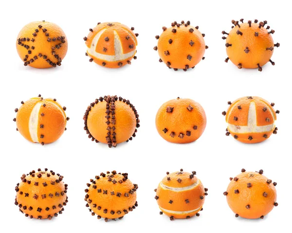 Set Pomander Balls Made Tangerine Cloves White Background — Stock Photo, Image