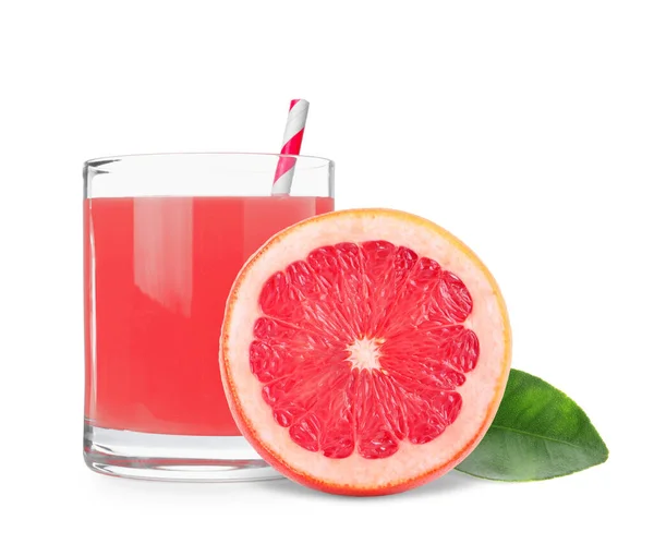 Glas Grapefruitsaft Frisches Obst Und Grünes Blatt Auf Weißem Hintergrund — Stockfoto
