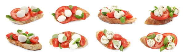 Deliciosas Bruschettas Com Mussarela Tomate Manjericão Colagem Design Banner — Fotografia de Stock