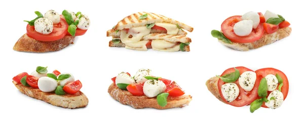 Heerlijke Bruschetta Sandwiches Met Mozzarella Tomaten Basilicum Collage Banner Ontwerp — Stockfoto