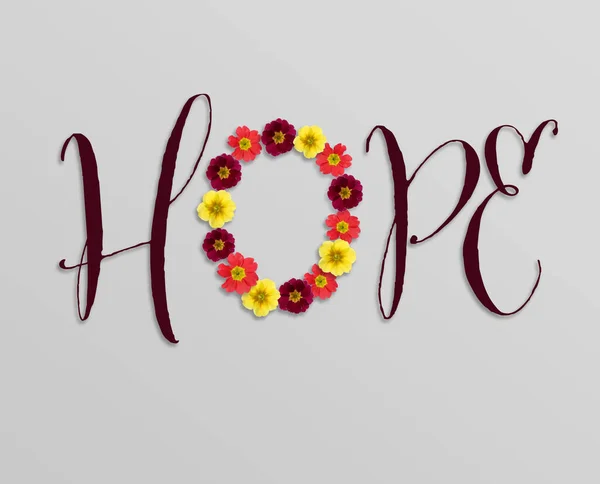 Λέξη Ελπίδα Γίνεται Γράμματα Και Όμορφα Λουλούδια Ανοιχτό Γκρι Φόντο — Φωτογραφία Αρχείου