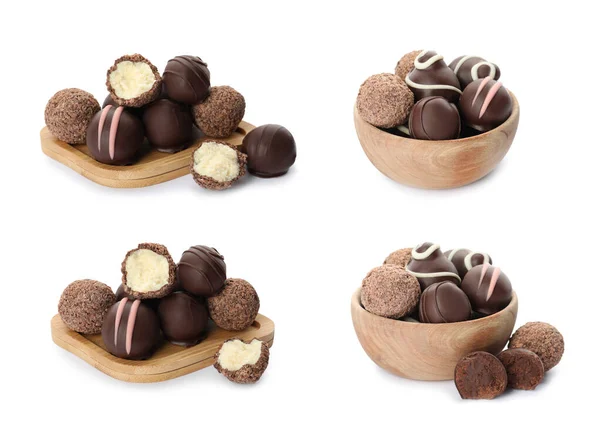 Conjunto Com Deliciosas Trufas Chocolate Doce Fundo Branco — Fotografia de Stock