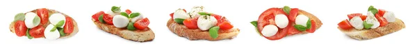 Köstliche Bruschettas Mit Mozzarella Tomaten Und Basilikum Collage Banner Design — Stockfoto