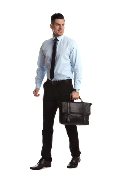 Geschäftsmann Mit Stilvoller Lederaktentasche Auf Weißem Hintergrund — Stockfoto