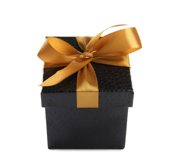 Beautiful Black Gift Box Golden Bow White Background — Stock Photo, Image