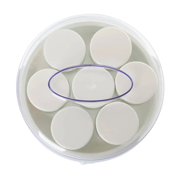 Modern Yogurt Maker Jars White Background Top View — Stock Photo, Image
