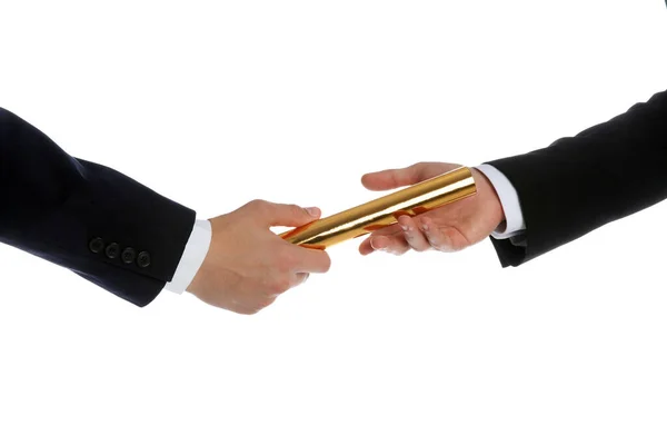 Businessman Passing Relay Baton Colleague Isolated White Closeup Stock Image