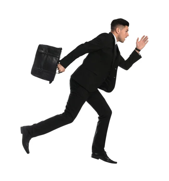 Businessman Stylish Leather Briefcase Running White Background Stock Image