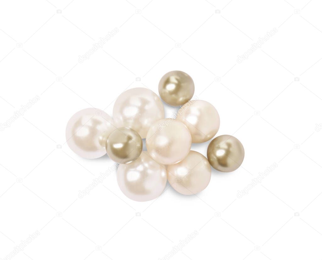 Many beautiful oyster pearls on white background, to view