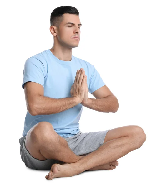 Hombre Guapo Meditando Sobre Fondo Blanco Armonía Zen —  Fotos de Stock