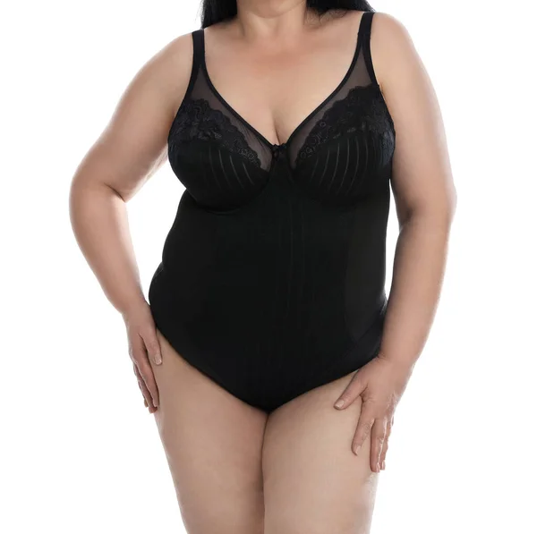Överviktig Kvinna Svarta Underkläder Vit Bakgrund Närbild Storleksmodell — Stockfoto
