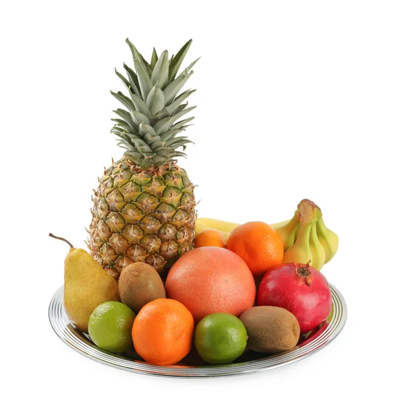 Placa Con Diferentes Frutas Maduras Sobre Fondo Blanco — Foto de Stock