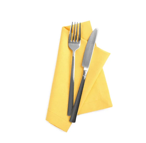 Servilleta Amarilla Con Tenedor Cuchillo Sobre Fondo Blanco Vista Superior — Foto de Stock