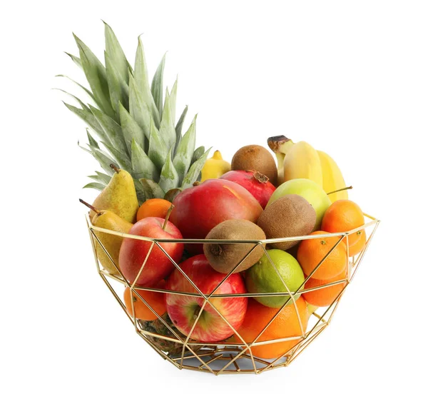 Metalowa Miska Różnymi Świeżymi Owocami Izolowana Białym — Zdjęcie stockowe