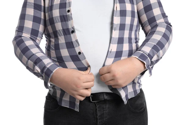 Sobrepeso Homem Tentando Abotoar Camisa Apertada Fundo Branco Close — Fotografia de Stock