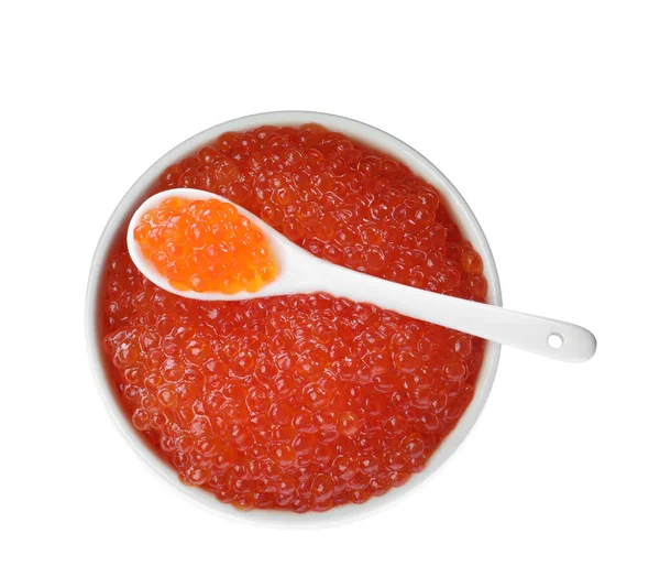 Bowl Spoon Delicious Red Caviar Isolated White Top View — Stock Photo, Image