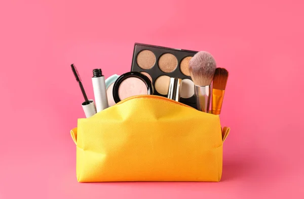 Cosmetic Bag Makeup Products Accessories Pink Background — Stock Photo, Image
