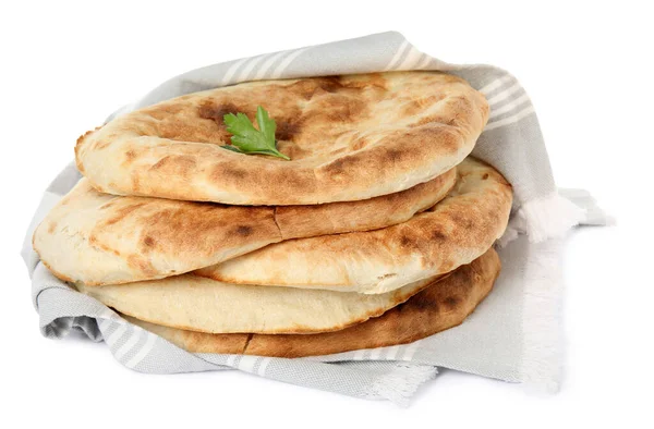 Delicious Fresh Pita Bread Napkin White Background — Stock Photo, Image