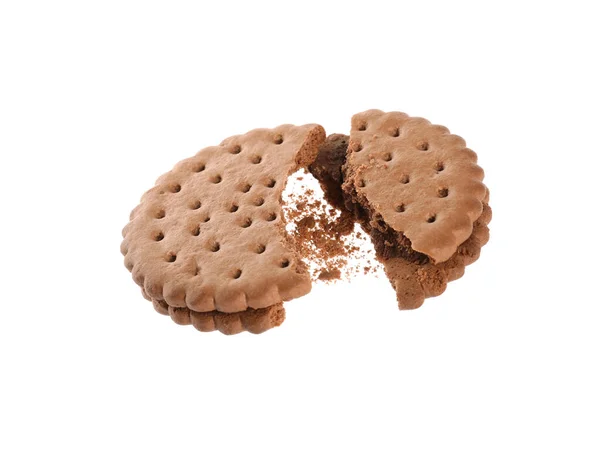 Biscoito Sanduíche Chocolate Saboroso Quebrado Com Creme Fundo Branco — Fotografia de Stock