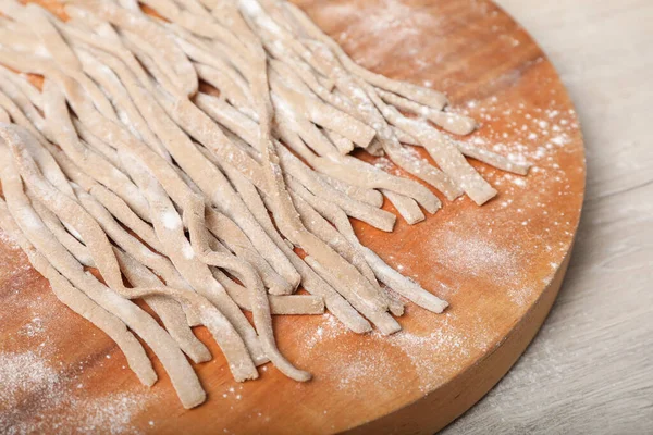 Uncooked Homemade Soba Buckwheat Noodles Wooden Table Closeup — Stock Photo, Image