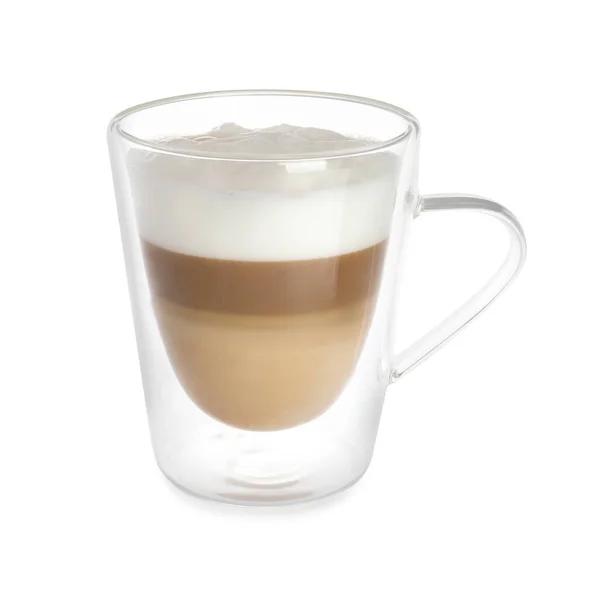 Copa Vidrio Café Aromático Con Leche Aislada Blanco — Foto de Stock