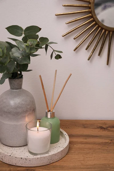 Wooden Table Stylish Interior Accessories White Wall — Stock Photo, Image