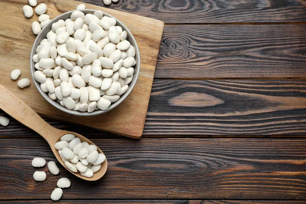 Raw White Beans Wooden Table Flat Lay Space Text — Stock Photo, Image