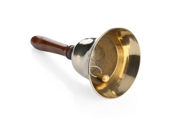 Golden School Bell Wooden Handle Isolated White — Stock Photo, Image