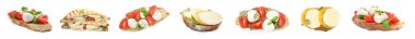 Lezzetli bruschettalar ve mozzarella, domates, fesleğen ve kolaj ile sandviçler. Pankart tasarımı