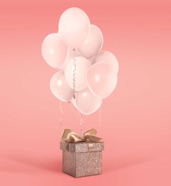 Parlak hediye kutusu ve pembe arka planda bir sürü balon.