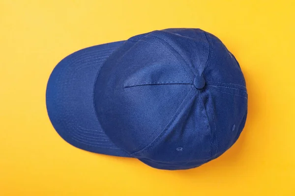 Casquette Baseball Bleue Élégante Sur Fond Jaune Vue Dessus — Photo