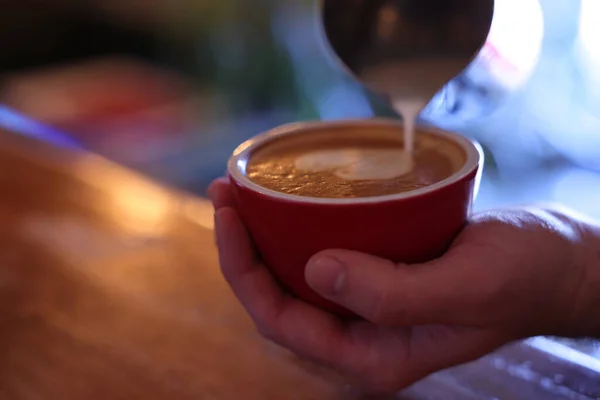 Barista Pouring Milk Cup Coffee Table Closeup — Stock Photo, Image