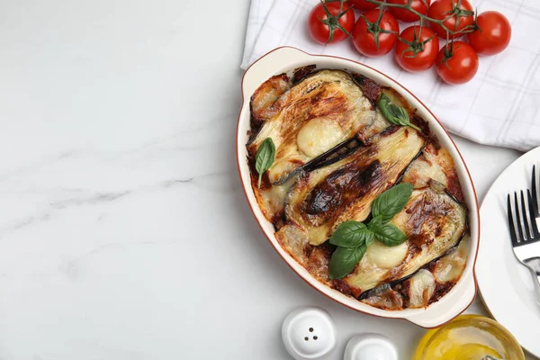 Delicious Eggplant Lasagna Baking Dish White Marble Table Flat Lay — Stock Photo, Image