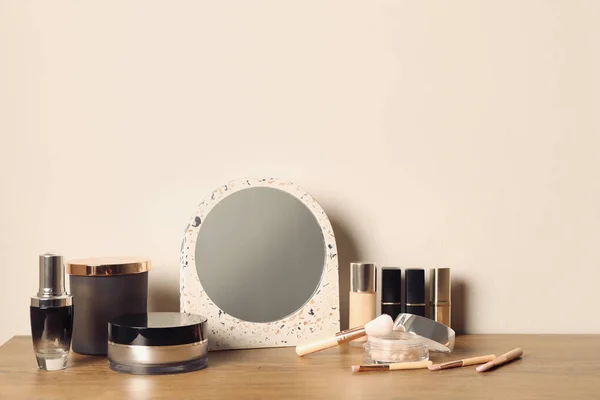 Mirror Makeup Products Wooden Dressing Table Wall — Stock Photo, Image