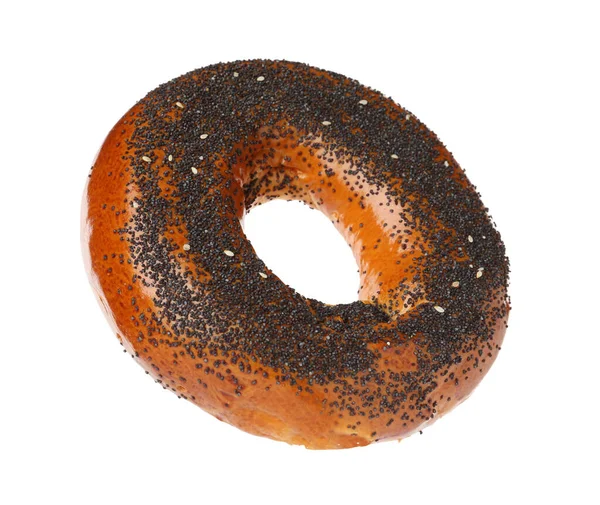 Läcker Färsk Bagel Med Vallmofrön Isolerade Vitt — Stockfoto