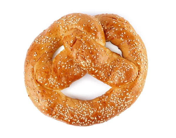 Sabroso Pretzel Recién Horneado Aislado Blanco Vista Superior —  Fotos de Stock