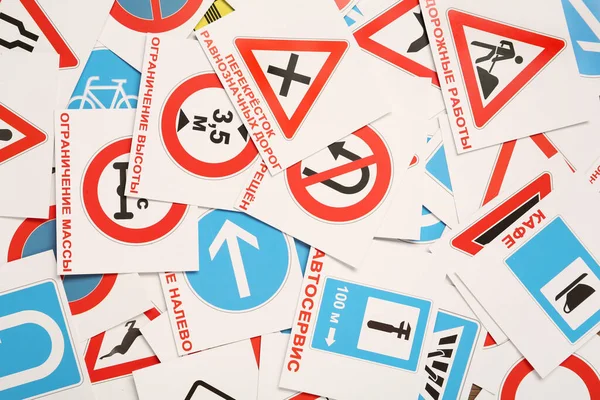 Many Different Road Signs Background Top View Driving School — Stock Photo, Image