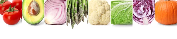 Collage Avec Différents Légumes Frais Mûrs Sur Fond Blanc Conception — Photo