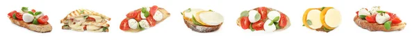 Deliciosos Bruschettas Sándwiches Con Mozzarella Tomates Albahaca Collage Diseño Banner —  Fotos de Stock