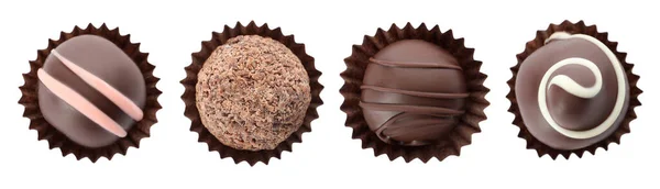 Set Mit Köstlichen Süßen Schokoladentrüffeln Auf Weißem Hintergrund Draufsicht Banner — Stockfoto