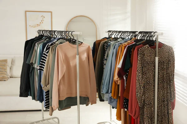 Racks Stylish Clothes Indoors Fast Fashion — Stock Photo, Image
