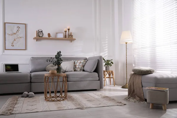 Wohnzimmer Mit Bequemem Grauen Sofa Und Stilvollen Interieur Elementen — Stockfoto