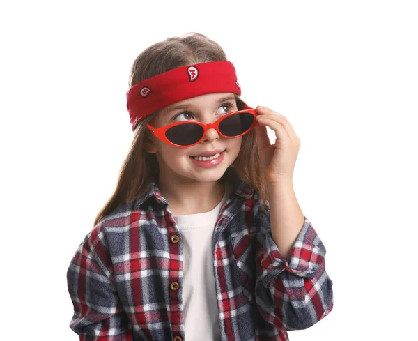 Cute Little Girl Noszenie Stylowe Bandana Okulary Przeciwsłoneczne Białym Tle — Zdjęcie stockowe