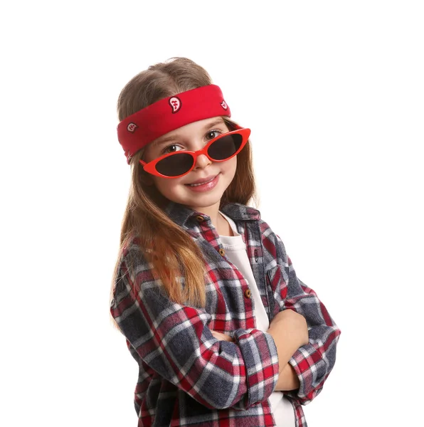 Cute Little Girl Noszenie Stylowe Bandana Okulary Przeciwsłoneczne Białym Tle — Zdjęcie stockowe